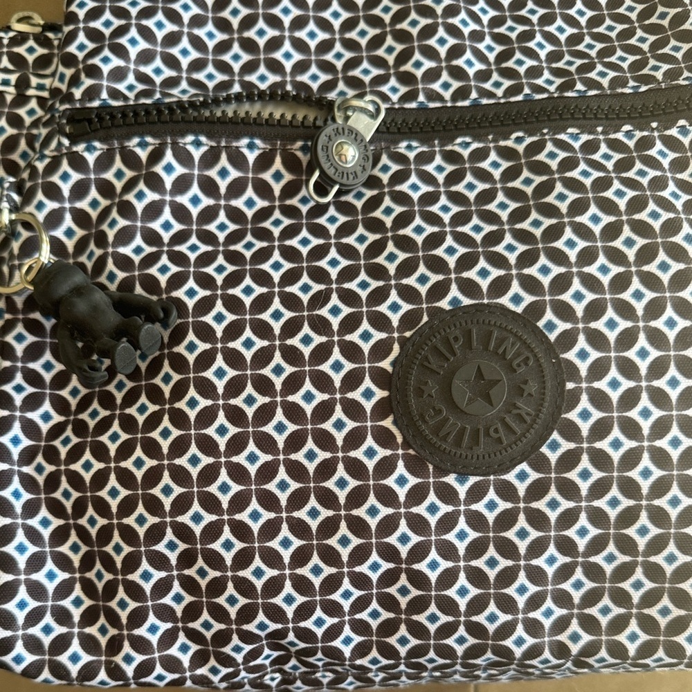 Kipling Black Multi Geo Print Shoulder or Crossbody Nylon Bag with Monkey Charm - Picture 14 of 16